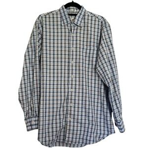 Peter Millar Blue Brown White Plaid check‎ long sleeve button front shirt Large